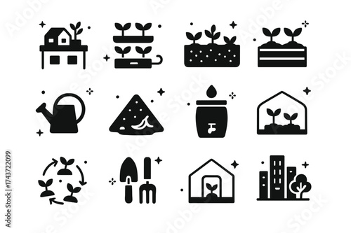 Urban Farming Icons. Urban Farming. Solid icons set of Urban Farming: rooftop garden, hydroponic system, vegetable patch, raised beds, watering can, compost