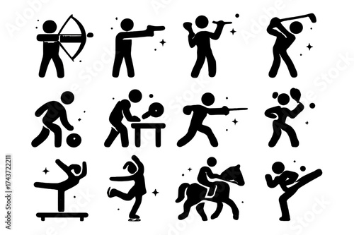 Precision Sports Icons. Precision athletes. Solid icons set of archer, shooter, darts player, golfer, bowler, billiards player, fencer, table tennis player,