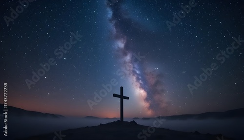 starry sky over the mountains and cross on it