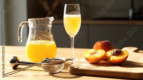 Freshly Squeezed Orange Juice in a Pitcher, a Mimosa Cocktail and Peaches on a Wooden Board