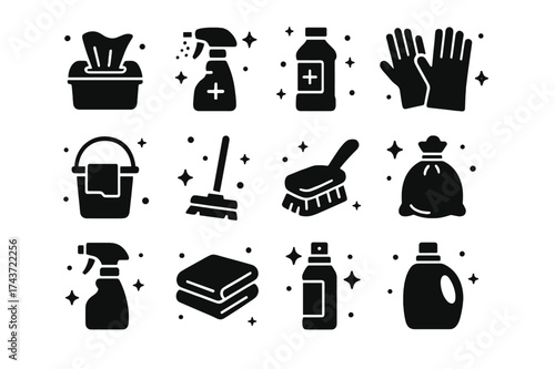 Sanitation Supplies Icons. Sanitation Supplies. Solid icons set of Sanitation Supplies: disinfecting wipes, sanitizer spray, sterilizing solution, cleaning