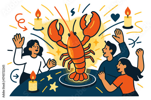 Festive Lobster Feast. Lobster feast. Glowing lobster on a table with abstract floating candles and light lines emphasizing festive atmosphere, taste, and