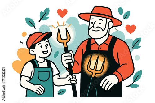 Generational Farming Unity. Generations of farmers. A child and elder farmer together holding glowing tools, abstract floating hearts and leaves symbolizing