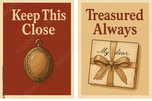 Vintage Keepsake Banners. Keepsake. Two vertical A6 banners, retro, red and beige backgrounds, vintage locket and handwritten note tied with ribbon, first
