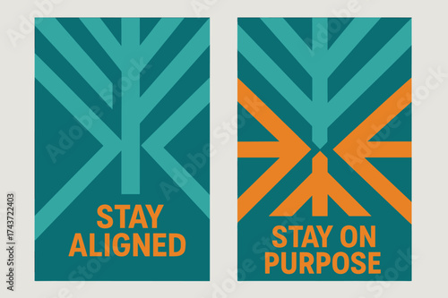 Abstract Arrow Banners. Determination. Two vertical A6 banners with safe margins, centered composition, no elements touching edges, geometric style, turquoise