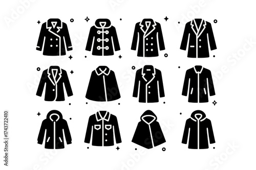 Wool Outerwear Icons. Wool Outerwear. Solid icons set of Wool Outerwear: pea coat, duffle coat, trench coat, double-breasted coat, blazer, wool cape, overcoat,