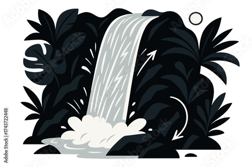 Vibrant Waterfall Cascade. Wild cascade. Water rushes down jagged rocks with abstract white lines showing speed. Tropical leaves frame the glowing waterfall in