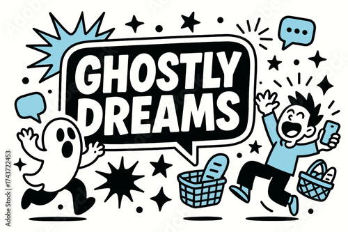 Ghostly Dreams Banner. Ghostly Dreams banner, flat vector illustration, bold oversized text inside sticker outline, cartoon characters jumping and shouting