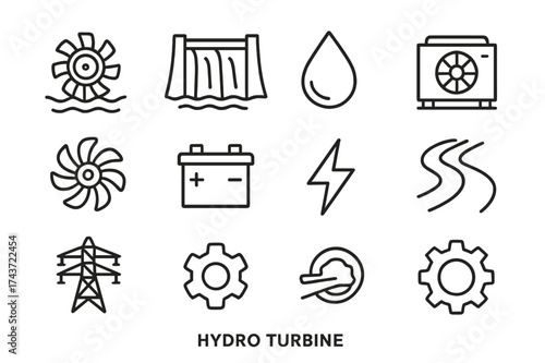 Hydro Turbine Icons. Hydro turbine. Line icon set of hydro turbine: water wheel, dam, droplet, generator, spinning blades, battery, lightning bolt, river,