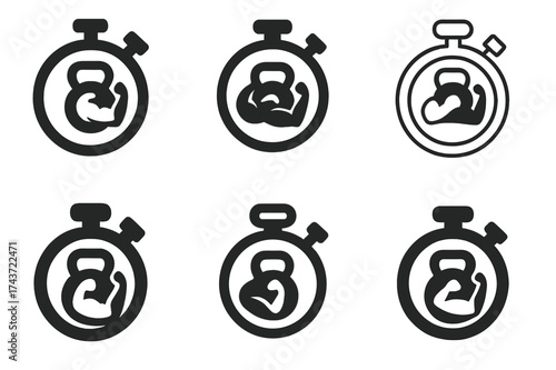 Fitness Logo Variations. Personal trainer. Set Logo of Fitness: stopwatch with fitness icon. harmonious logo variations of the same emblematic concept, each