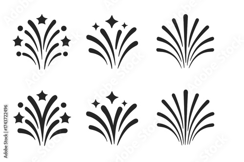 Abstract Fireworks Icons. Fireworks display. Set Logo of aerial shell firework: Abstract geometric, Filled silhouette, Symmetrical form, Negative space,