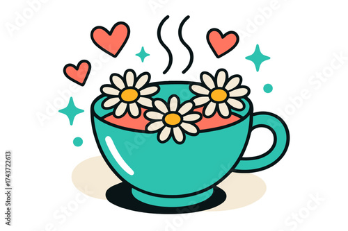 Glowing Chamomile Tea. Chamomile tea. A glowing cup of tea with chamomile flowers floating above, abstract hearts and soft sparkles symbolizing calm and