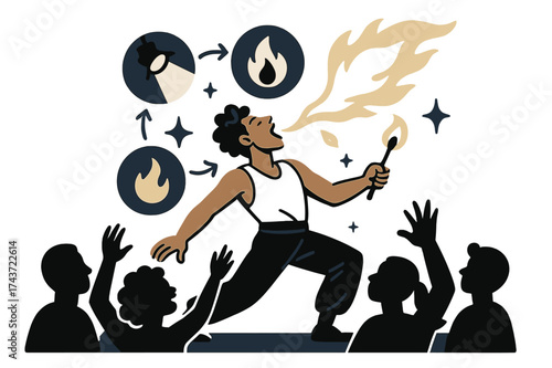 Fire Breather Spectacle. Circus act. Fire breather glowing on stage, surrounded by amazed crowd silhouettes. Floating icons of spotlight, flame, and sparkle