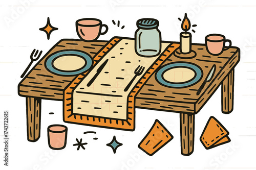 Colorful Table Setting. Rustic Table. Hand-drawn doodle illustration table runner (colored), wooden table, plates (colored), cups, cutlery, jar (colored),