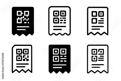 Innovative Logo Grid. Receipt. Set Logo of Receipt: receipt with QR code. harmonious logo variations of the same emblematic concept, each with different