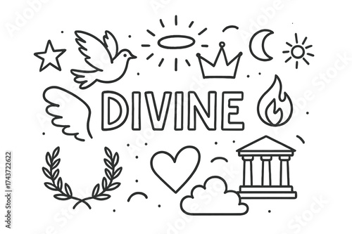 Divine Doodle Symbols. Divine. Hand-drawn doodle illustration of Divine. halo, crown, rays of light, dove,
