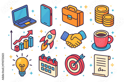 Founder Lifestyle Icons. Founder Lifestyle. Colorful isometric vector icons set of founder lifestyle: laptop, smartphone, briefcase, coin stack, graph, rocket,