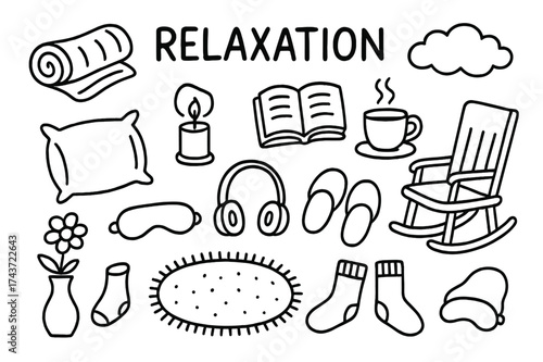 Cozy Relaxation Doodles. Relaxation. Hand-drawn doodle illustration Relaxation blanket, book, steaming tea cup, pillow, candle, headphones, eye mask, slippers,