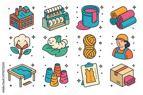 Colorful Fabric Industry Icons. Fabric industry. Colorful isometric vector icons set of fabric industry: textile mill, spinning machine, dyeing vat, fabric