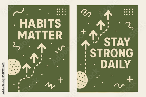 Uplifting Habit Banners. Inspiration. Two vertical A6 banners with safe margins, centered composition, no elements touching edges, memphis style, olive green
