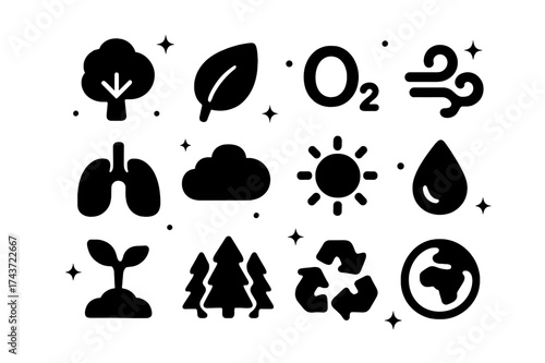 Nature's Vital Icons. Trees cleaning the air basics. Solid icons set of tree, leaf, oxygen symbol O2, air swirl, lungs, cloud, sun, raindrop, sapling, forest,