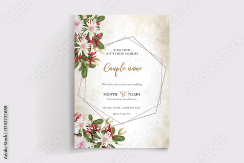 WEDDING INVITATION FRAME WITH FLOWER DECORATIONS AND FRESH LEAVES