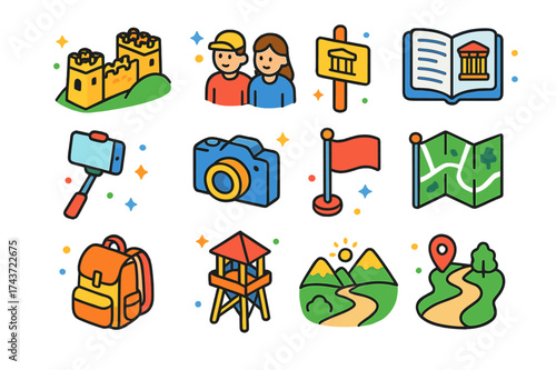 Cultural Heritage Icons. Cultural heritage. Colorful isometric vector icons set of cultural heritage: Great Wall, tourists, historical sign, guidebook, selfie