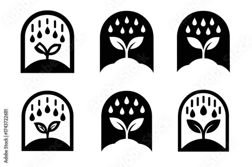 Monsoon Seedling Logos. Impact of monsoons on tropical agriculture. Set Logo of seedling in rain: young plant sprouting under heavy drops. harmonious logo