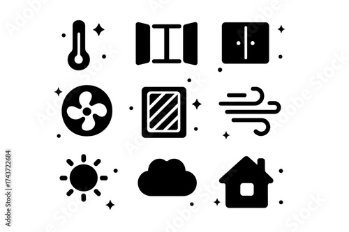 Indoor Climate Icons. Indoor climate. Solid icons set of Indoor climate: thermometer, open window, closed window, fan, air filter, breeze lines, sun, cloud,