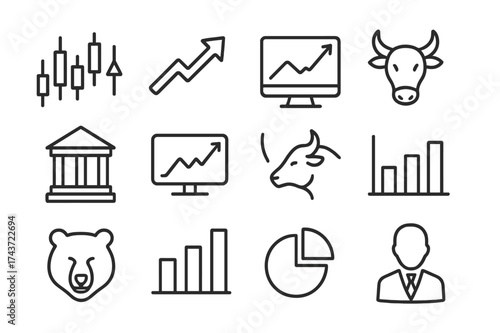 Stock Market Icons. Stock market. Line icon set of Stock market: candlestick chart, upward arrow, downward arrow, stock exchange building, trading screen, bull
