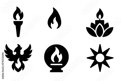 Purifying Flame Icons. Purifyingflame. Filled icon set of Purifyingflame: torch, flame, candle, lotus, phoenix