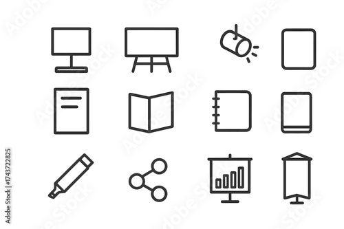 Exhibition Icons Set. Exhibition setup. Line icon set of exhibition setup: display stand, board, easel, spotlight, poster, brochure, notebook, tablet, marker,