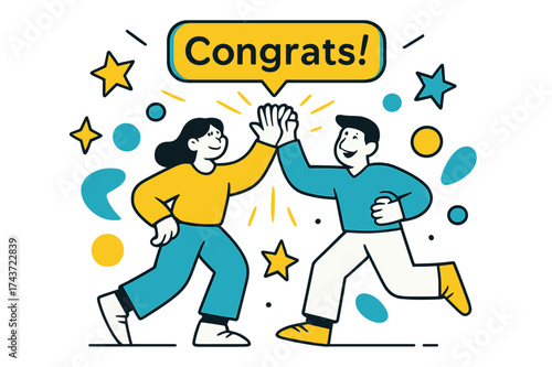 High-Five Celebration. Victory Moment. Two characters high-fiving under a glowing ?Congrats!? sign, floating stars and abstract shapes around them. Modern