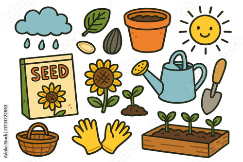 Garden Essentials Doodle. Seed. Colorful Hand-drawn doodle Children illustration Seed packet, sunflower seed, pumpkin seed, soil, pot, watering can, shovel,