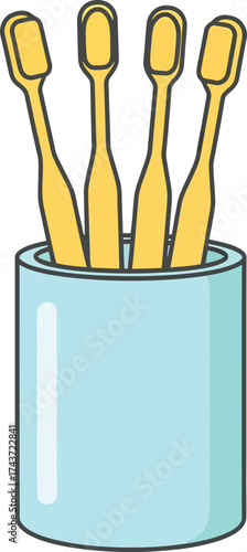 Four Yellow Toothbrushes in a Light Blue Holder
