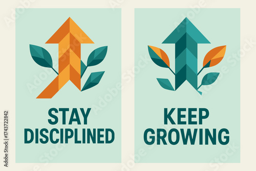 Motivational Geometric Banners. Determination. Two vertical A6 banners with safe margins, centered composition, no elements touching edges, geometric style,