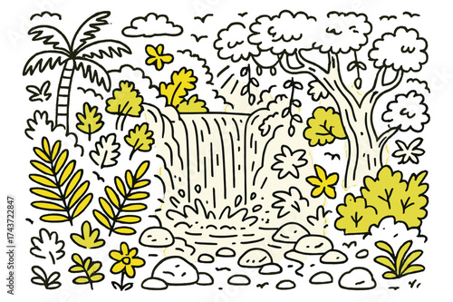 Mystical Waterfall Doodle. Hidden Waterfall. Hand-drawn doodle illustration hidden waterfall waterfall (accented), lush trees, ferns (accented), vines,