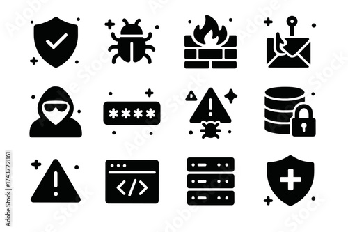 Cyber Security Icons. Cyber Security. Solid icons set of Cyber Security: shield with check, malware bug, firewall, phishing hook, hacker mask, password dots,