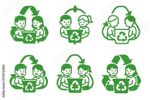 Children's Eco Logos. Children engaging in environmental conservation activities. Set Logo of Sustainability: recycling activity with children. harmonious logo