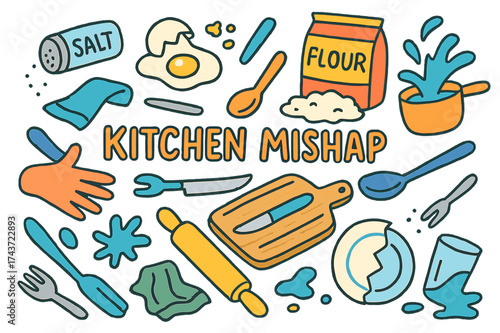 Colorful Kitchen Chaos. Kitchen mishap. Colorful Hand-drawn doodle Children illustration Kitchen mishap spilled salt, broken egg, flour bag, rolling pin,