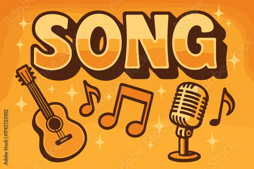 Retro Music Celebration. Song. 70s poster vibe, warm gradient fills, thick outlines, offset shadows, glowing