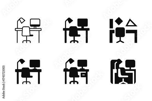 Home Office Logos. Designing home office spaces for productivity. Set Logo of Interior design: modern home office icon. harmonious logo variations of the same