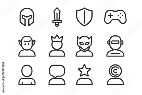Gaming Avatar Icons. Gaming avatars. Line outline icon set of gaming avatars: helmet, sword, shield, joystick,