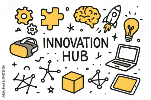 Innovation Hub Doodle. Innovation Hub. Hand-drawn doodle illustration gears (colored), puzzle piece, brain (colored), rocket, laptop, VR headset (colored),