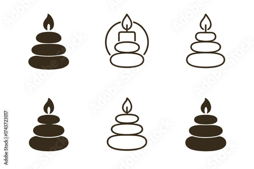 Wellness Logos Grid. Yoga, mindfulness, and self-care practices inspiring well-being. Set Logo of Wellness: candle and zen stones. harmonious logo variations