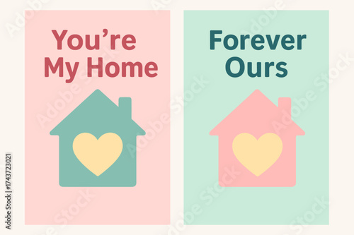 Cozy House Love Banners. Romance. Two vertical A6 banners with safe margins, centered composition, no elements touching edges, flat vector design, pastel pink