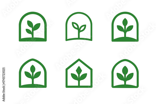 Greenhouse Logo Variations. Organic and plant-based food systems. Set Logo of greenhouse: plant growing under protective structure. harmonious logo variations