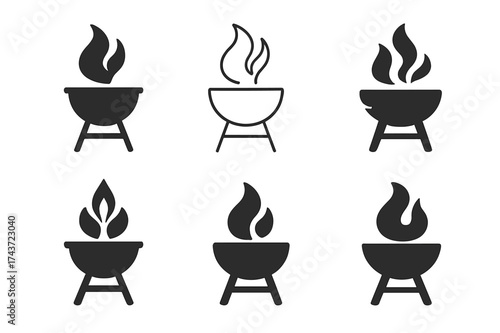 Grill Flame Logos. Outdoor leisure (picnics, barbecues). Set Logo of grill flames: fire and smoke rising above barbecue. harmonious logo variations of the same