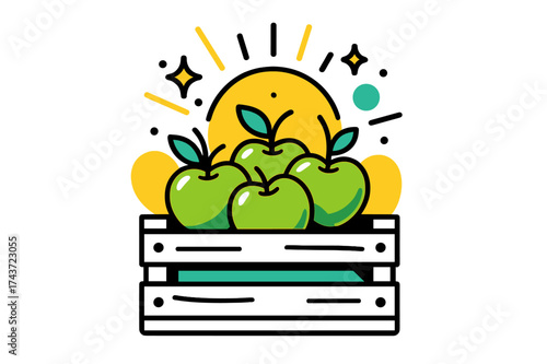 Glowing Apple Harvest. Crate of freshness. Apples glowing inside an open crate with abstract sun rays and sparkles floating above symbolizing natural harvest.