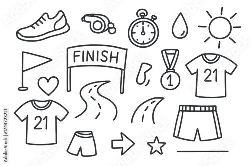 Doodle Race Elements. Running race. Hand-drawn doodle illustration running race sneakers, whistle, stopwatch, finish line, flag, medal, heart, sweat droplet,